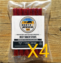 Load image into Gallery viewer, One package of 6 beef sticks in a clear vaccum sealed bag, labeled North of Nowhere Farm Beef Snack Sticks , with "X4" text on the photograph to indicate this is a bundle of 4 packages.