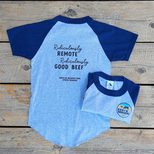 Load image into Gallery viewer, Youth Baseball-style T-shirt: Ridiculously Remote, Ridiculously Good Beef