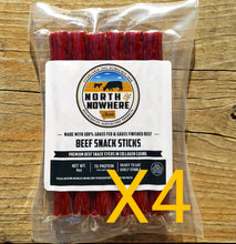 Load image into Gallery viewer, One package of 6 beef sticks in a clear vaccum sealed bag, labeled North of Nowhere Farm Beef Snack Sticks , with &quot;X4&quot; text on the photograph to indicate this is a bundle of 4 packages.
