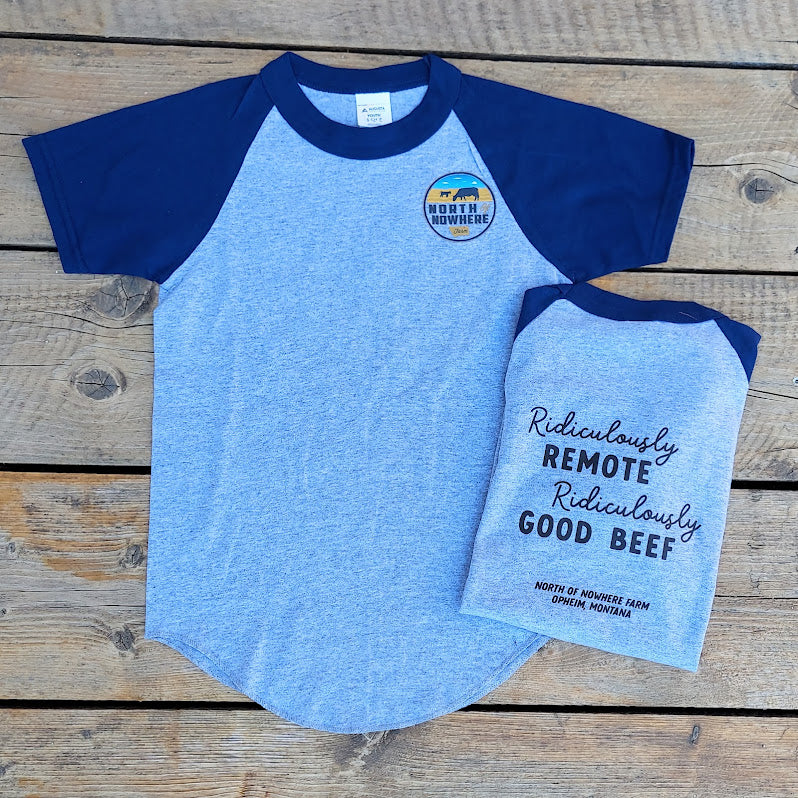 Youth Baseball-style T-shirt: Ridiculously Remote, Ridiculously Good Beef